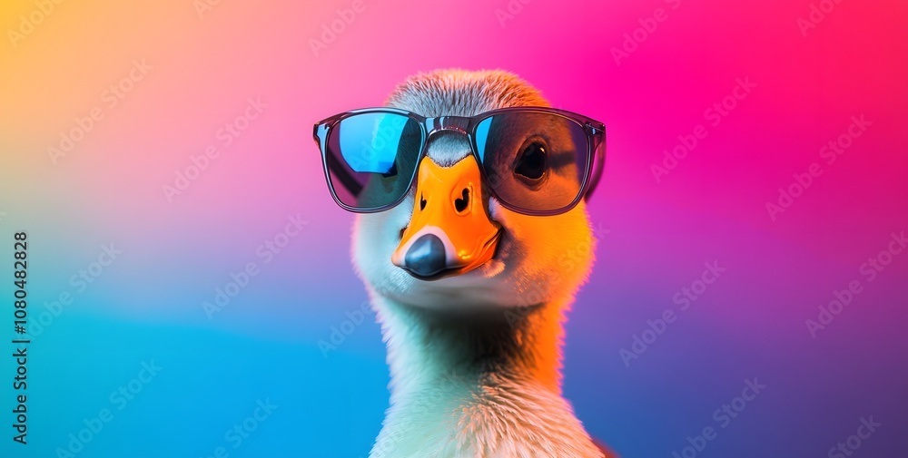 Fototapeta premium Close-up portrait of a cute goose wearing sunglasses, isolated on a colorful gradient background.