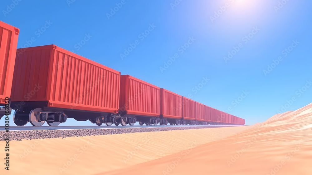 Fototapeta premium Freight Train Transportation in Desert Landscape with Colorful Cargo Containers Under Bright Blue Sky and Sunlight