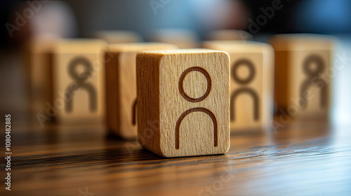 An icon for the customer focus group was shown on a wooden block, linked to human icons, as well as a concept for the data exchanges, data development, and customer service --ar 16:9 --