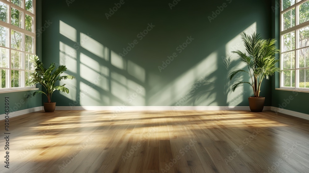 A spacious room with large windows and potted plants basked in natural light, featuring a wooden floor and minimalist design conveying openness and tranquility. A spacious room with large windows and potted plants basked in natural light, featuring a wooden floor and minimalist design conveying openness and tranquility.