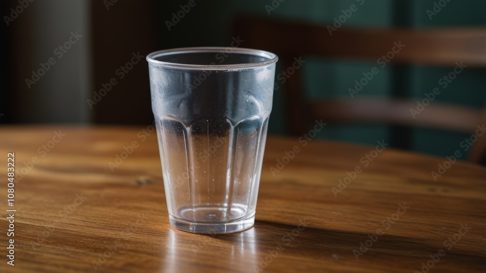 An empty clear glass sits on a rustic wooden table, glistening with drops of moisture.
