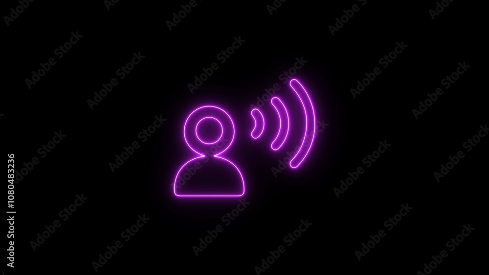 Neon Audio Voice Microphone Speaker glowing black background design. Neon Audio Voice Microphone Speaker glowing black background design.