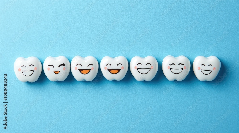 Collection of Cute and Cheerful Tooth Characters on a Blue Background Representing Dental Health and Oral Care with Various Happy Expressions Collection of Cute and Cheerful Tooth Characters on a Blue Background Representing Dental Health and Oral Care with Various Happy Expressions