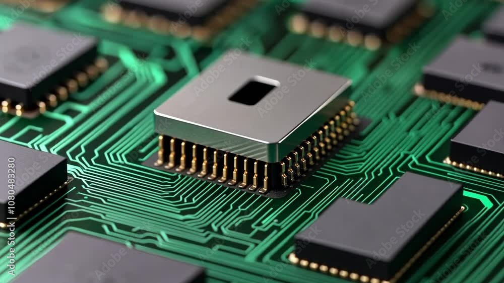 Close-up of a microchip on a circuit board, representing technology and innovation Close-up of a microchip on a circuit board, representing technology and innovation