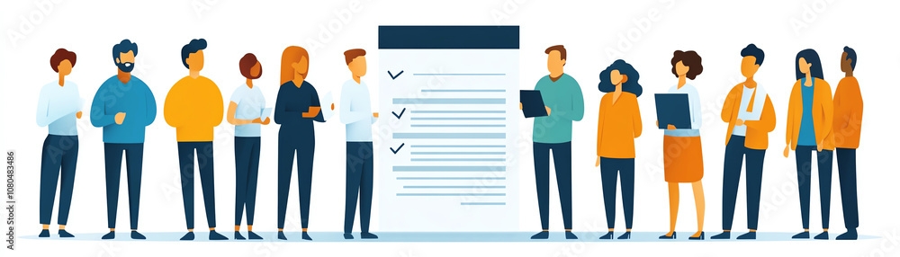 Diverse group of professionals discussing checklist, representing teamwork and collaboration in the workplace. Diverse group of professionals discussing checklist, representing teamwork and collaboration in the workplace.
