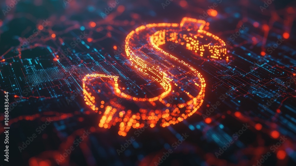 Abstract representation of a glowing dollar sign in a digital network environment, symbolizing finance, technology, and online transactions in a vibrant color scheme. Abstract representation of a glowing dollar sign in a digital network environment, symbolizing finance, technology, and online transactions in a vibrant color scheme.