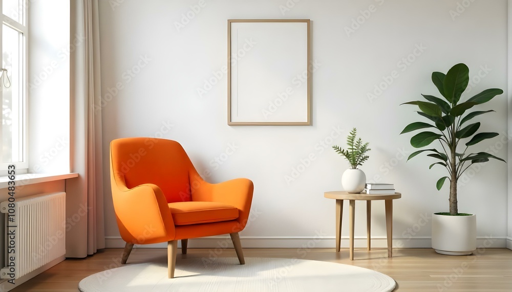 An orange modern armchair in a minimalist living room with a framed artwork on the wall and a small side table with a plant An orange modern armchair in a minimalist living room with a framed artwork on the wall and a small side table with a plant
