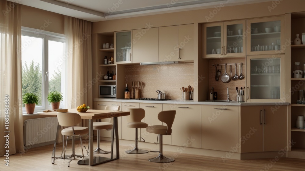 Fototapeta premium A bright and modern kitchen featuring wooden cabinets, a table, and natural light pouring in through the windows, creating a welcoming vibe