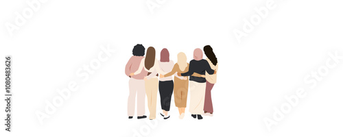 Different women stand side by side together and hug each other.