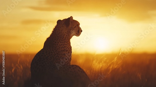 An empty scene featuring blank mockup template filled with a sleek cheetah silhouette against a golden sunset, highlighting its profile and speed,  photo