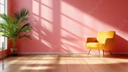 A peaceful cozy corner features a vibrant yellow armchair near a palm, bathed in warm sunlight and creating a welcoming and serene spot in a modern living room design. photo