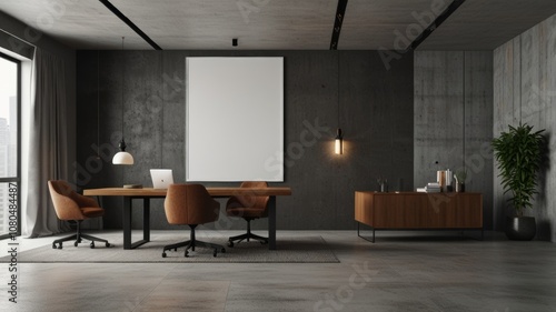 A modern office space featuring a wooden desk, stylish brown chairs and minimalist decor, complemented by natural light from large windows and a simple houseplant