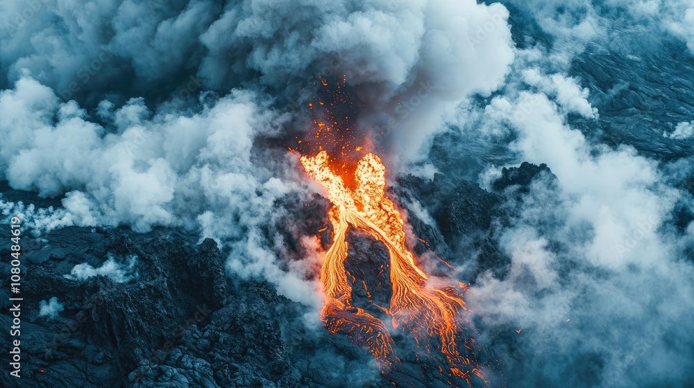 Aerial view of an erupting volcano with flowing lava and dramatic smoke clouds. Aerial view of an erupting volcano with flowing lava and dramatic smoke clouds.