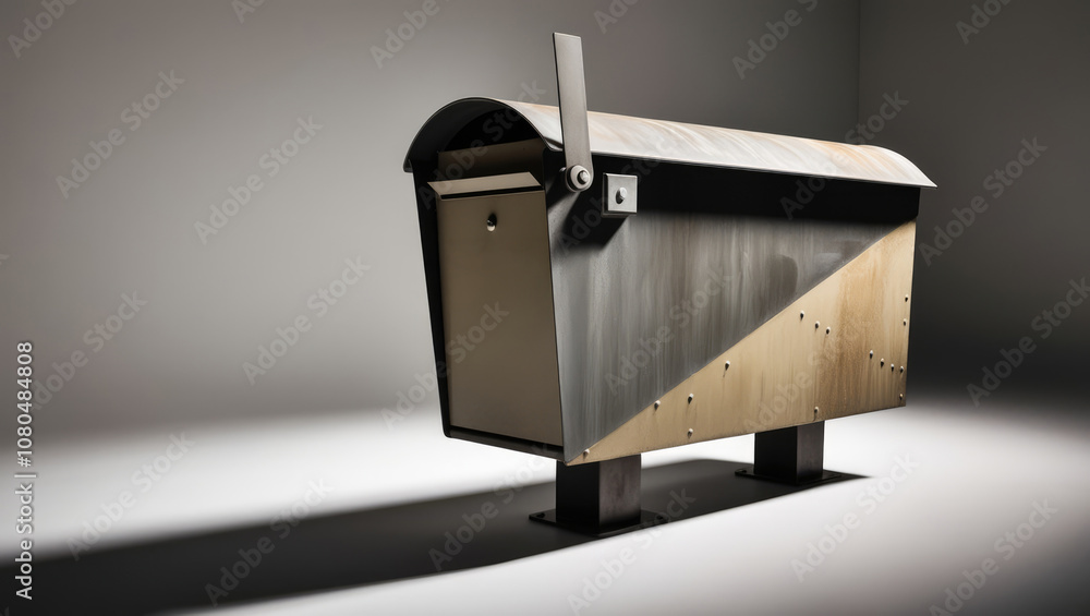 Industrial Brutalist Mailbox with Visible Rivets in a Simple Minimalist Setting, Featuring a Monochromatic Palette and Geometric Design Industrial Brutalist Mailbox with Visible Rivets in a Simple Minimalist Setting, Featuring a Monochromatic Palette and Geometric Design