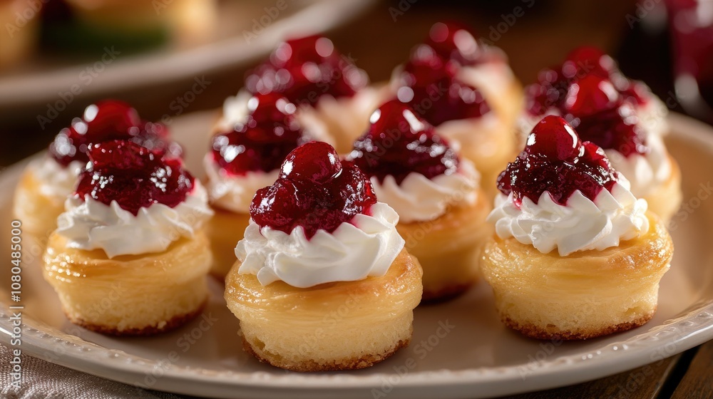 Delicious Mini Cheesecakes with Whipped Cream and Berry Topping Perfect for Parties, Celebrations, and Dessert Buffets on a Stylish Plate Delicious Mini Cheesecakes with Whipped Cream and Berry Topping Perfect for Parties, Celebrations, and Dessert Buffets on a Stylish Plate