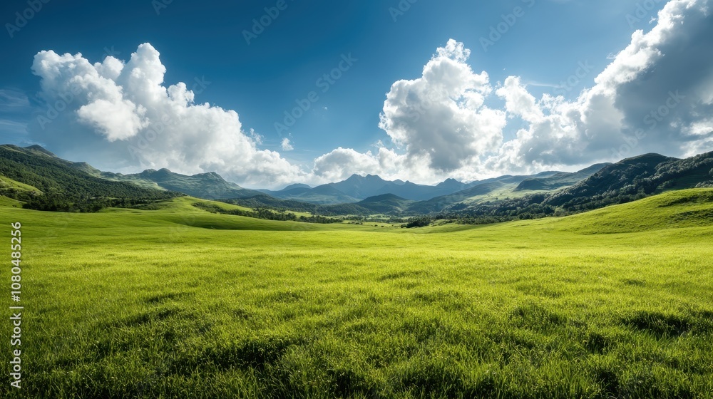 A bright landscape image showcasing expansive and lush green fields leading up to a range of serene hills under a blue sky with scattered fluffy clouds overhead. A bright landscape image showcasing expansive and lush green fields leading up to a range of serene hills under a blue sky with scattered fluffy clouds overhead.