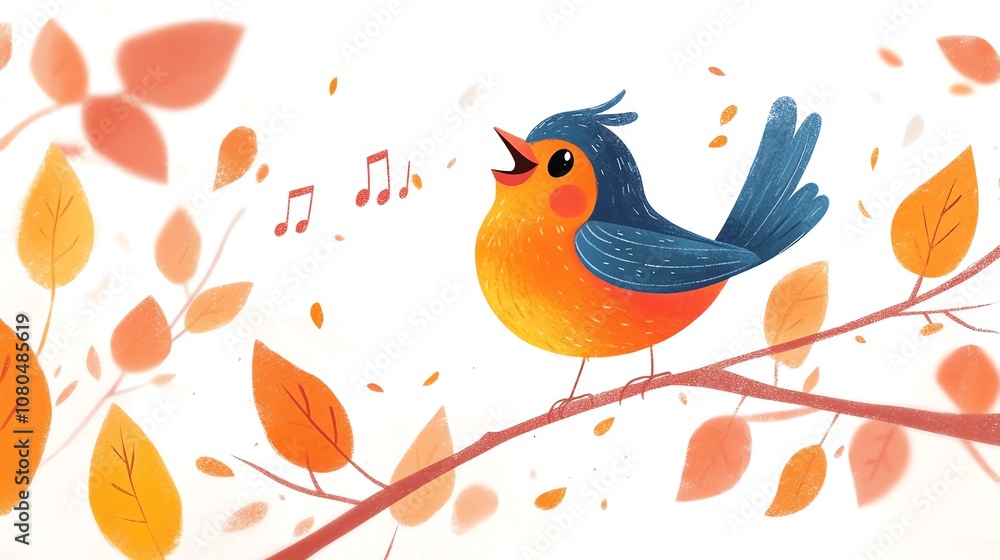 Obraz premium a 2D cartoon illustration of a bird singing on a branch, cheerful and musical, white background--ar 16:9