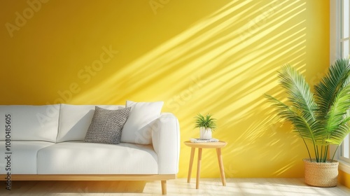 Bright and sunny room featuring a white sofa, wooden side table, and vibrant green plant decor against a vivid yellow wall casting interesting shadows through a window. photo