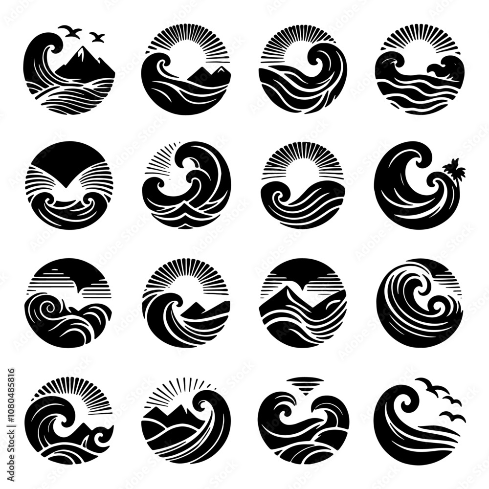 Silhouette Ocean Wave Icons Set. Black and White Silhouette Ocean Wave Icons Set. Black and White