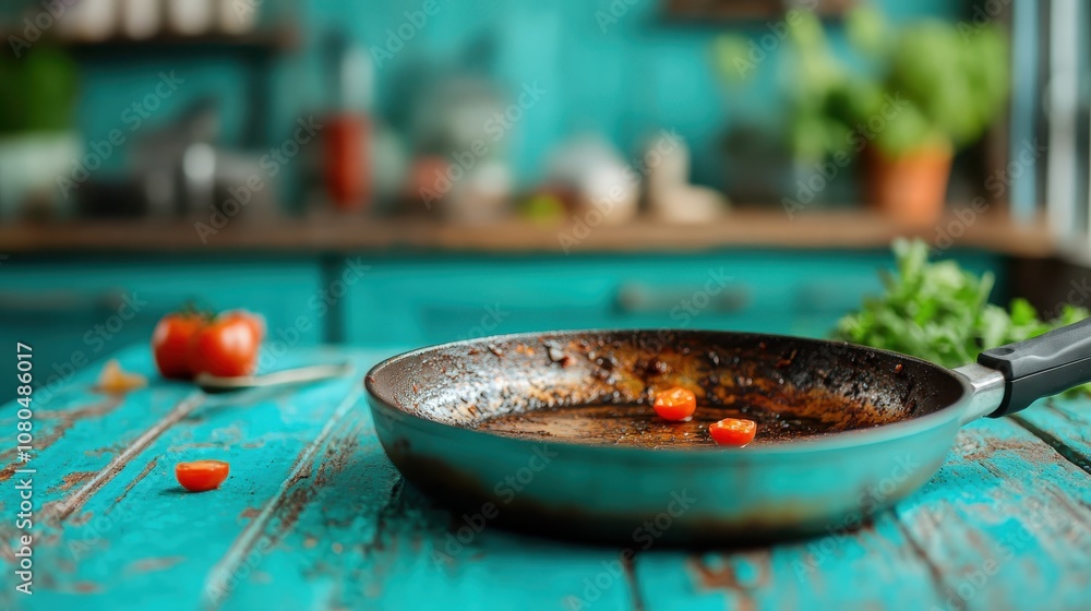 Sliced cherry tomatoes lie within a slightly rusty pan on a rustic blue wooden table, all bathed in natural soft light, evoking simple culinary pleasures. Sliced cherry tomatoes lie within a slightly rusty pan on a rustic blue wooden table, all bathed in natural soft light, evoking simple culinary pleasures.