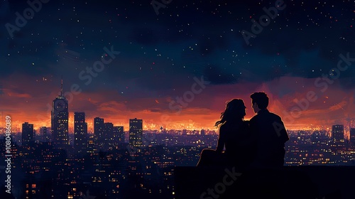 Silhouettes of a couple watching the city lights from a rooftop, quiet and romantic moment, urban night scene, connection and intimacy, peaceful setting.