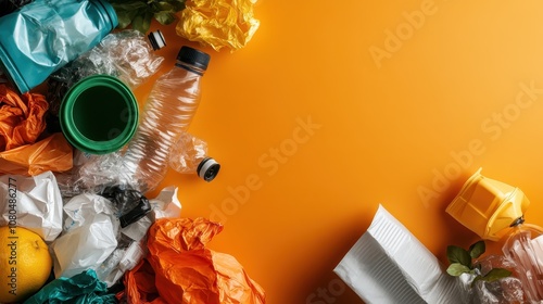 Various plastic waste items are scattered over a bright orange surface, illustrating the environmental issue of pollution and the impact of waste on our planet. photo