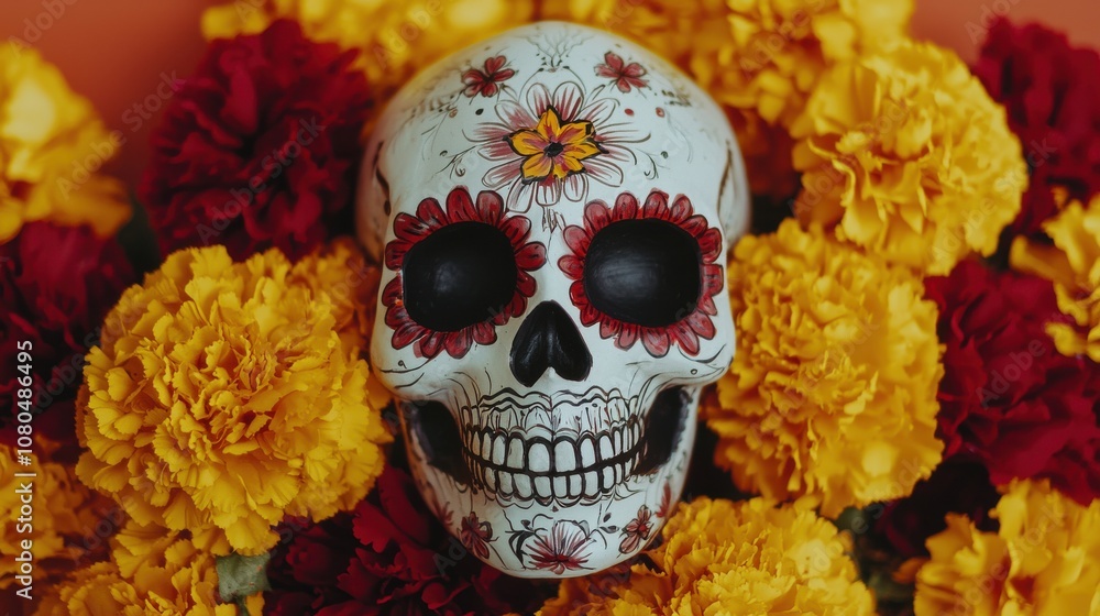 A skull is placed on top of a bed of flowers. The skull is decorated with red and yellow flowers, giving it a festive and celebratory feel. The arrangement of the skull A skull is placed on top of a bed of flowers. The skull is decorated with red and yellow flowers, giving it a festive and celebratory feel. The arrangement of the skull