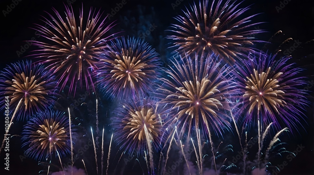 Naklejka premium A large flower-shaped display of blue and purple fireworks against a dark sky