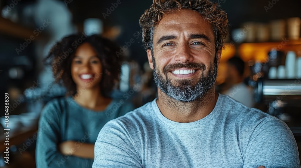 A confident man smiles at the camera with a woman in the background, both in casual attire, creating a relaxed and friendly indoor scene filled with warmth. A confident man smiles at the camera with a woman in the background, both in casual attire, creating a relaxed and friendly indoor scene filled with warmth.