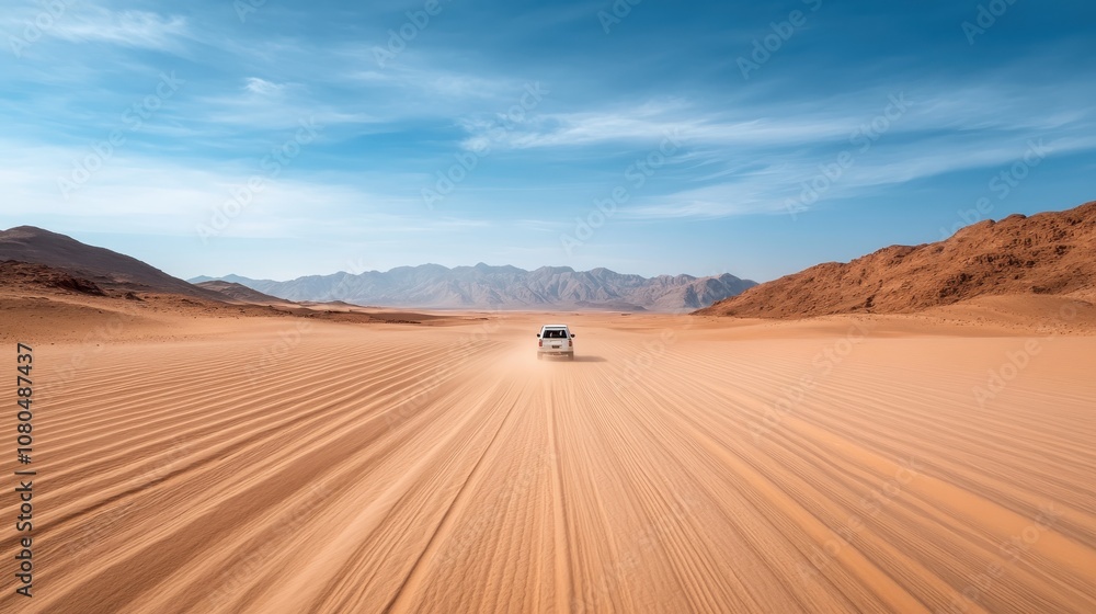A lone vehicle speeds across an expansive desert landscape under a broad blue sky, with distant mountains lining the horizon, evoking a sense of adventure and freedom. A lone vehicle speeds across an expansive desert landscape under a broad blue sky, with distant mountains lining the horizon, evoking a sense of adventure and freedom.