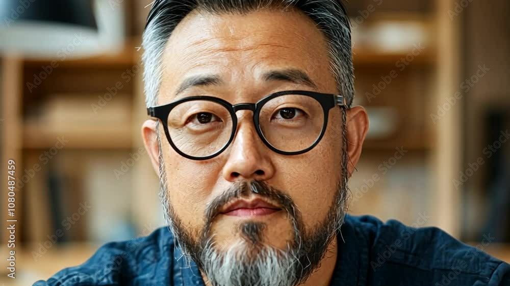 Middle-aged Asian man with glasses in a cozy library setting, representing wisdom and contemplation Middle-aged Asian man with glasses in a cozy library setting, representing wisdom and contemplation