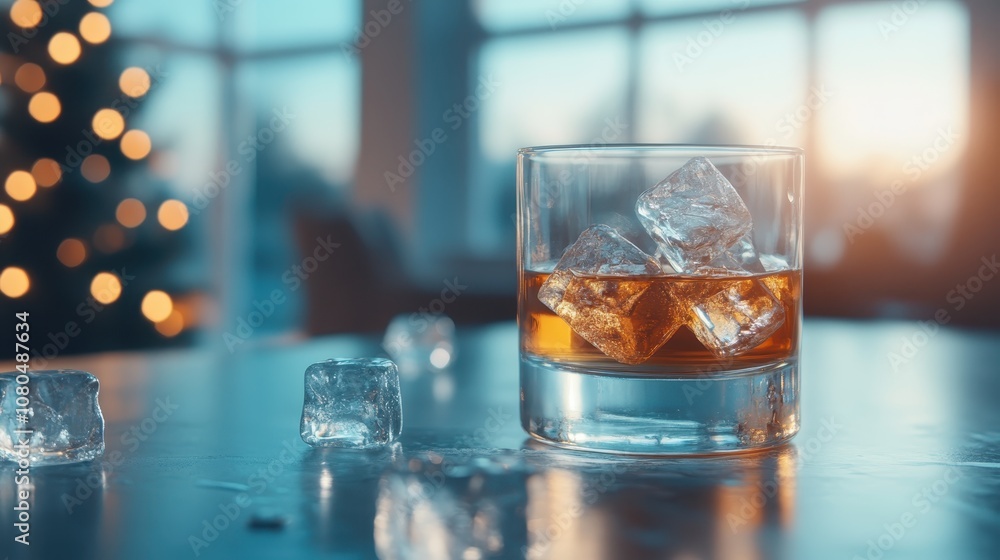 A whiskey glass filled with ice sits on a table in a cozy setting, casting warm, inviting reflections, creating a mood of relaxation and elegance. A whiskey glass filled with ice sits on a table in a cozy setting, casting warm, inviting reflections, creating a mood of relaxation and elegance.