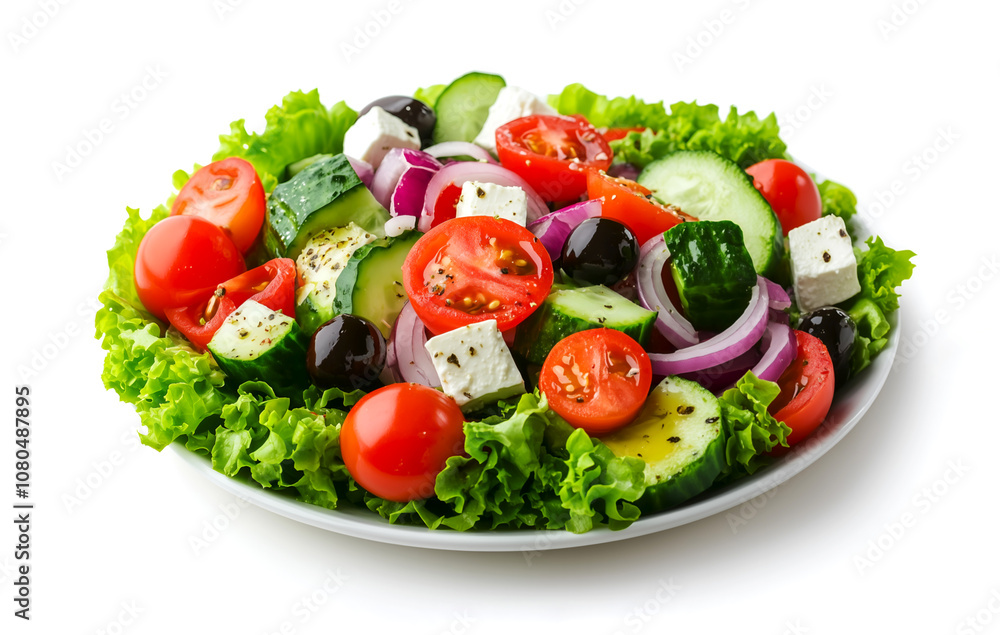 Greek salad with tomatoes, cucumbers, olives, red onion rings and feta cheese, isolated on white, ideal for healthy eating content, food blogs, and Mediterranean cuisine promotions Greek salad with tomatoes, cucumbers, olives, red onion rings and feta cheese, isolated on white, ideal for healthy eating content, food blogs, and Mediterranean cuisine promotions