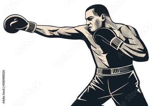 Vintage-style illustration of a boxer throwing a punch, dynamic pose on a white background