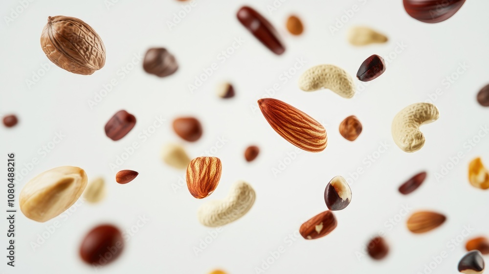 A Dynamic Display of Floating Nuts Against a Bright Background in a Captivating Aerial View for Healthy Snack Inspiration and Culinary Concepts A Dynamic Display of Floating Nuts Against a Bright Background in a Captivating Aerial View for Healthy Snack Inspiration and Culinary Concepts
