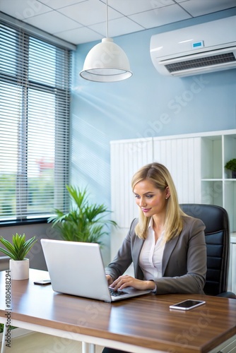 Businesswoman Working In Office With Air Conditioning