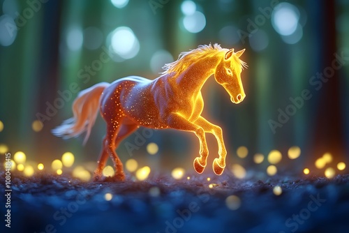 A fiery red horse galloping in the dark, glowing with light particles and a magical aura, in an enchanted forest at night photo