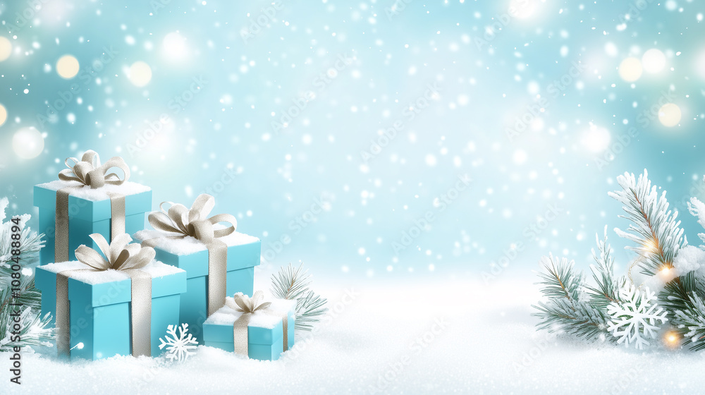 Christmas and New Year background on light blue color banner with snowflakes, gifts Christmas and New Year background on light blue color banner with snowflakes, gifts