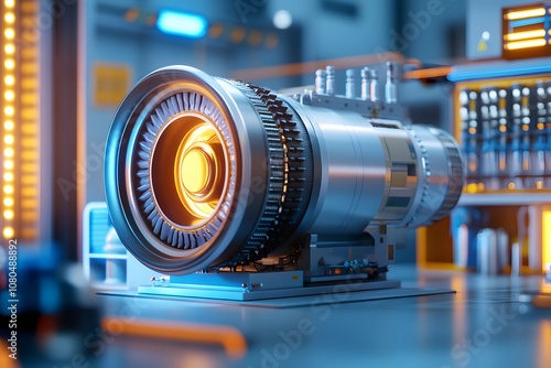 A large and powerful aircraft engine with a blue metallic texture is placed in the center of an industrial factory, surrounded by various energy equipment such as gas tanks photo