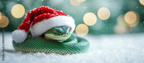Wallpaper Mural A green snake in a Santa hat rests on soft snow, with cheerful holiday lights softly glowing in the background Torontodigital.ca