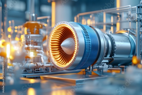 A large and powerful aircraft engine with a blue metallic texture is placed in the center of an industrial factory, surrounded by various energy equipment such as gas tanks photo