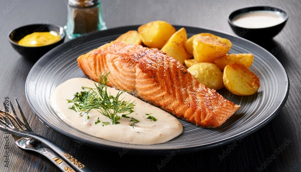 salmon with fried potato and sauce salmon with fried potato and sauce