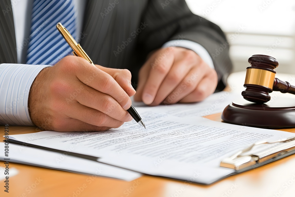 A lawyer is sitting at a desk, holding a document and taking notes, while there is also a gavel in front of him. The background features white paper with text written on it A lawyer is sitting at a desk, holding a document and taking notes, while there is also a gavel in front of him. The background features white paper with text written on it