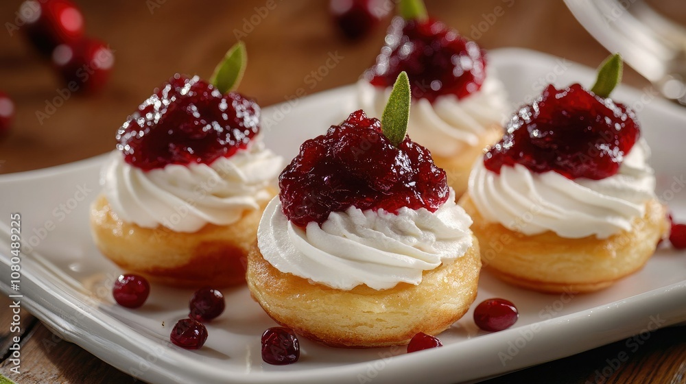 Delicious Mini Cakes with Whipped Cream and Cranberry Topping, Perfect for Holiday Celebrations and Festive Gatherings, Showcasing a Mouthwatering Dessert Experience Delicious Mini Cakes with Whipped Cream and Cranberry Topping, Perfect for Holiday Celebrations and Festive Gatherings, Showcasing a Mouthwatering Dessert Experience