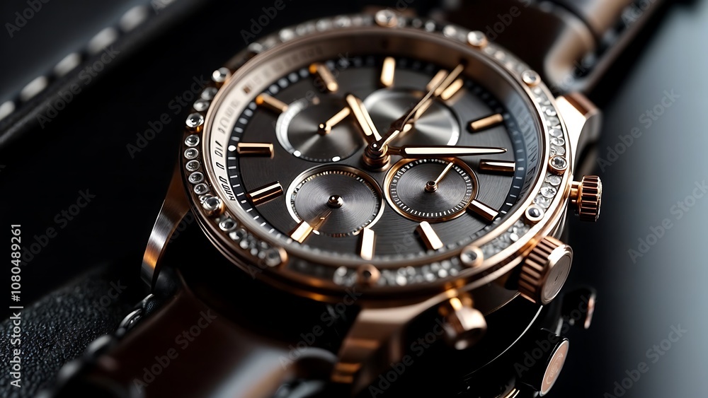 Close-Up of Rose Gold Watch with Diamonds and Leather Strap, Luxury Detail Close-Up of Rose Gold Watch with Diamonds and Leather Strap, Luxury Detail