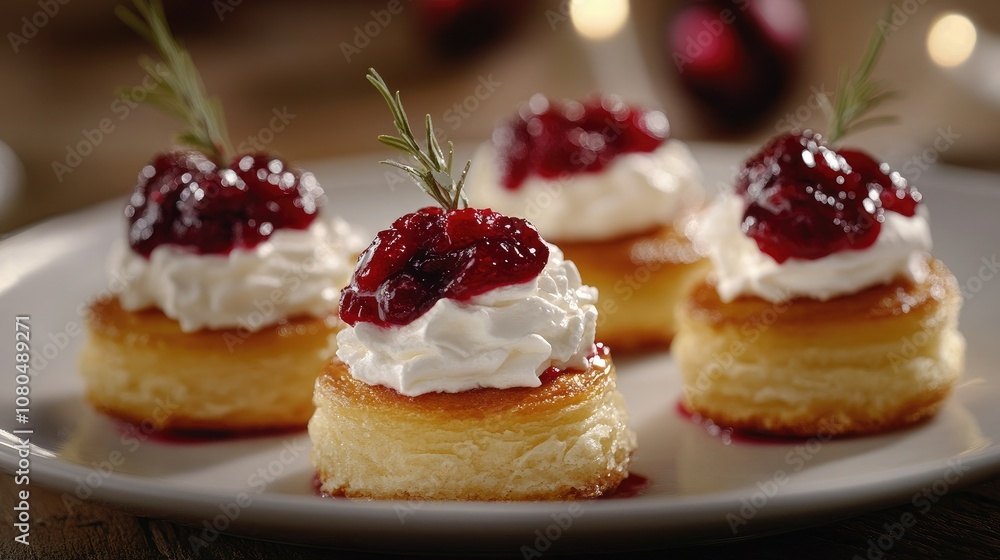 Deliciously Crafted Mini Berry Tarts with Whipped Cream and Fresh Rosemary Garnish Perfect for Events and Celebrations Deliciously Crafted Mini Berry Tarts with Whipped Cream and Fresh Rosemary Garnish Perfect for Events and Celebrations