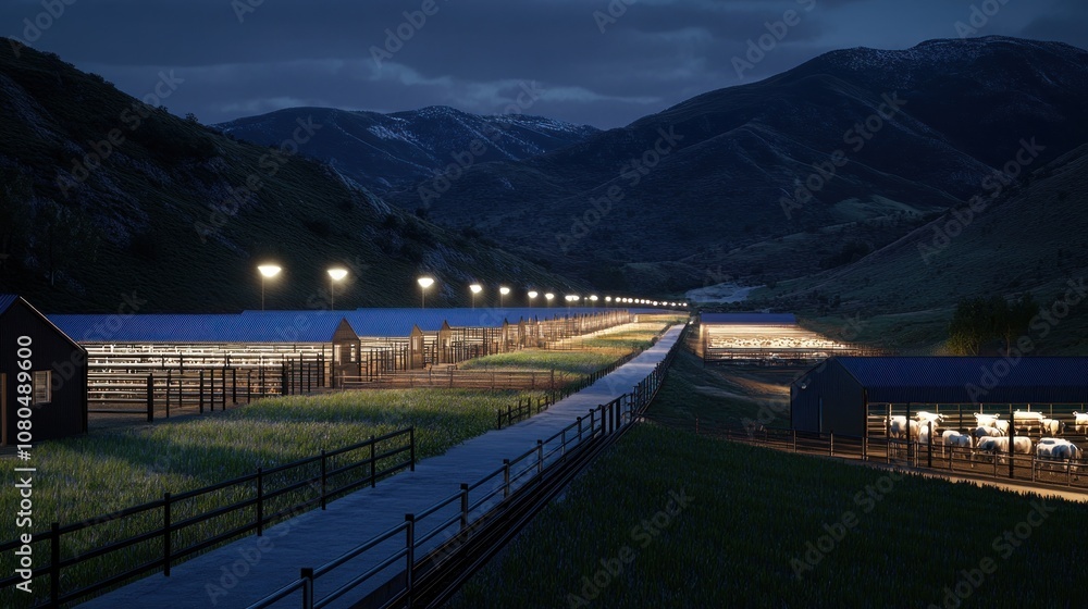A serene farm landscape illuminated at night, showcasing buildings and surrounding mountains. A serene farm landscape illuminated at night, showcasing buildings and surrounding mountains.