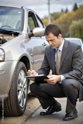 Insurance Agent Inspecting Car After Accident