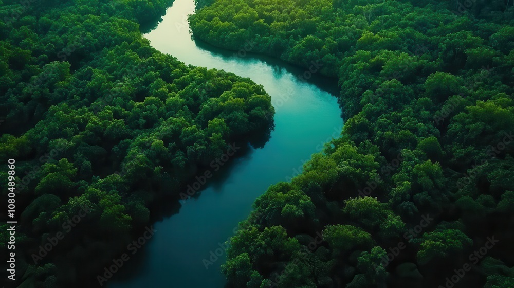 aerial view of a serene river winding through a lush rainforest, vibrant greenery surrounding the water, showcasing the beauty of nature from a drone perspective aerial view of a serene river winding through a lush rainforest, vibrant greenery surrounding the water, showcasing the beauty of nature from a drone perspective