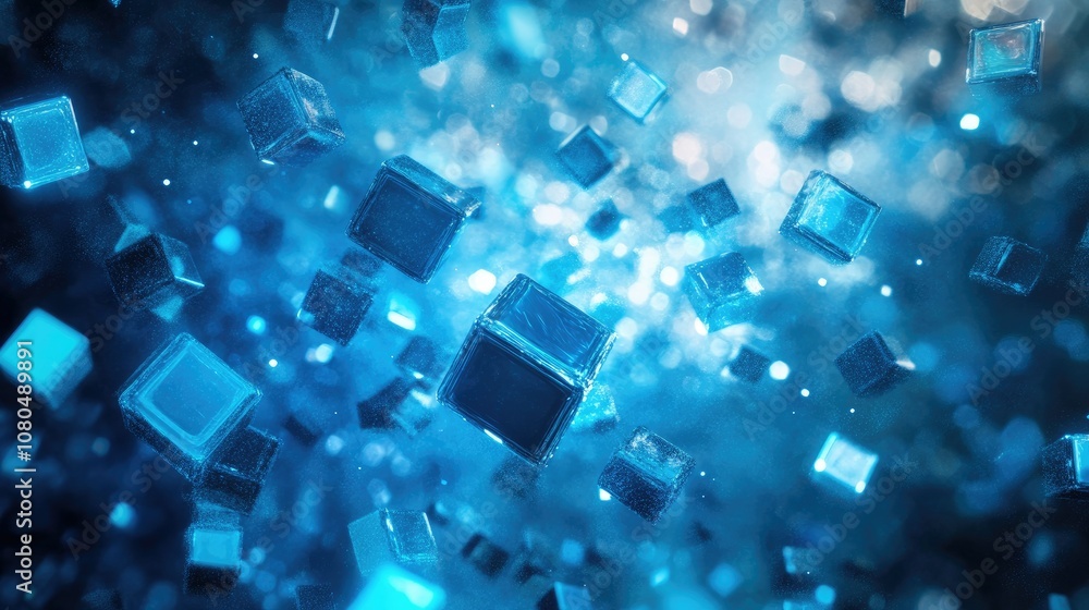 Abstract Image of Floating Geometric Cubes in a Blue Space with Sparkling Light Effects Representing Digital Technology and Modern Design Trends Abstract Image of Floating Geometric Cubes in a Blue Space with Sparkling Light Effects Representing Digital Technology and Modern Design Trends